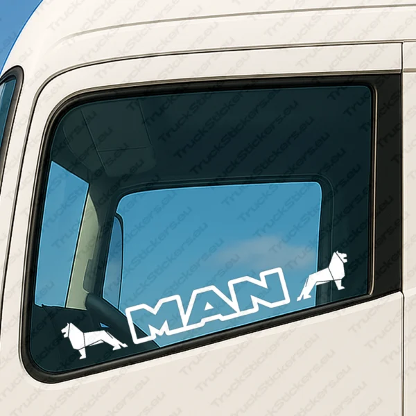 White Man Truck Window Sticker, Classic Text Logo Outline with Lions
