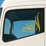 Yellow Man Truck Window Sticker, Classic Logo with Lion and Flowing Swirl Graphics