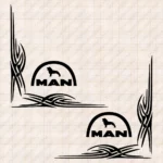 Closeup of Man Truck Window Sticker, Classic Logo with Lion and Geometric Graphics