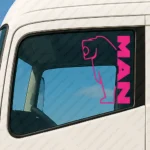Fuchsia Man Truck Window Sticker, Bold Vertical Text Logo with Big Lion Outline
