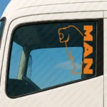 Orange Man Truck Window Sticker, Bold Vertical Text Logo with Big Lion Outline