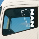 White Man Truck Window Sticker, Bold Vertical Text Logo with Big Lion Outline