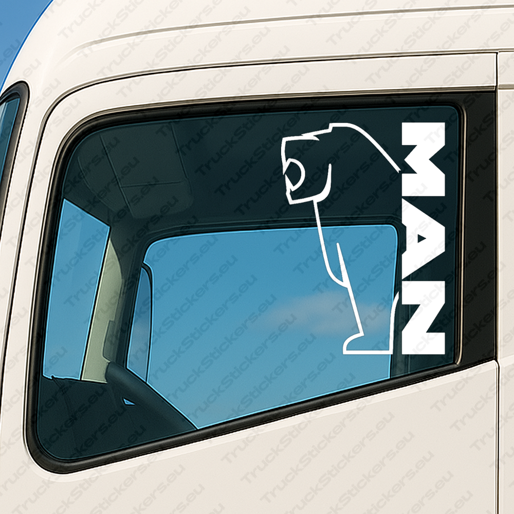 window-sticker-for-trucks-90692-white White Man Truck Window Sticker, Bold Vertical Text Logo with Big Lion Outline