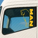 Yellow Man Truck Window Sticker, Bold Vertical Text Logo with Big Lion Outline