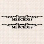 Closeup of Mercedes Truck Window Sticker, Text Logo with Abstract Graphic on Top