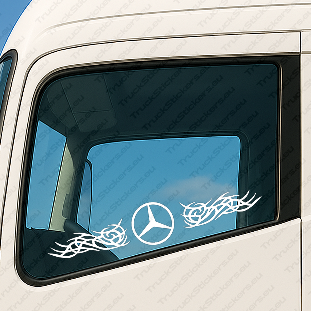 window-sticker-for-trucks-90712-white White Mercedes Truck Window Sticker, Big Classic Logo with Tribal Graphics