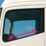 Fuchsia Mercedes Truck Window Sticker, Classic Text Logo with Women Holding a Trident