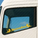 Yellow Mercedes Truck Window Sticker, Classic Text Logo with Women Holding a Trident
