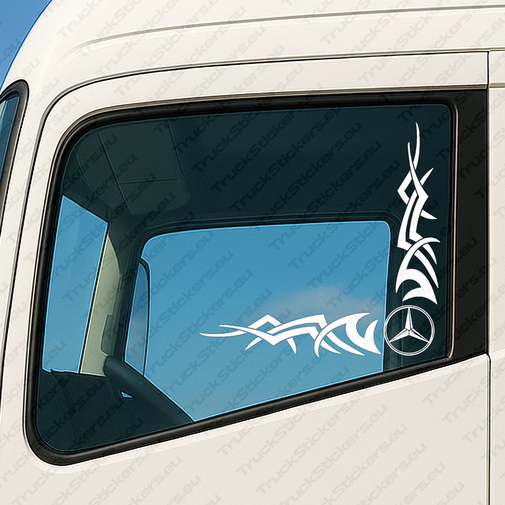 window-sticker-for-trucks-90735-white White Mercedes Truck Window Sticker, Classic Logo with Tribal Graphics