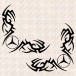 Closeup of Mercedes Truck Window Sticker, Big Classic Logo with Tribal Graphics