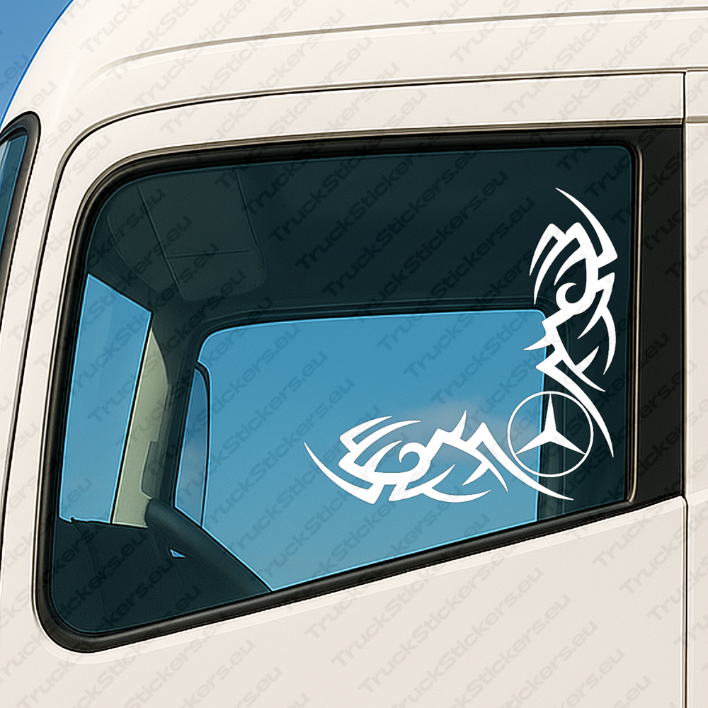 window-sticker-for-trucks-90736-white White Mercedes Truck Window Sticker, Big Classic Logo with Tribal Graphics