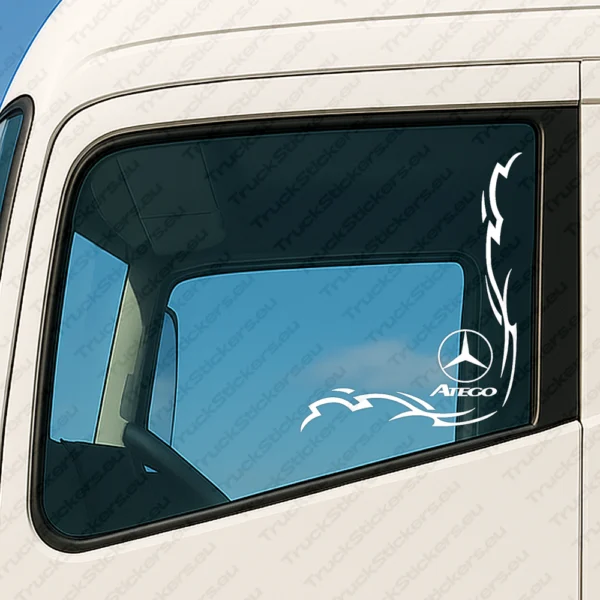 White Mercedes Truck Window Sticker, Atego with Classic Logo and Dynamic Wave Graphics