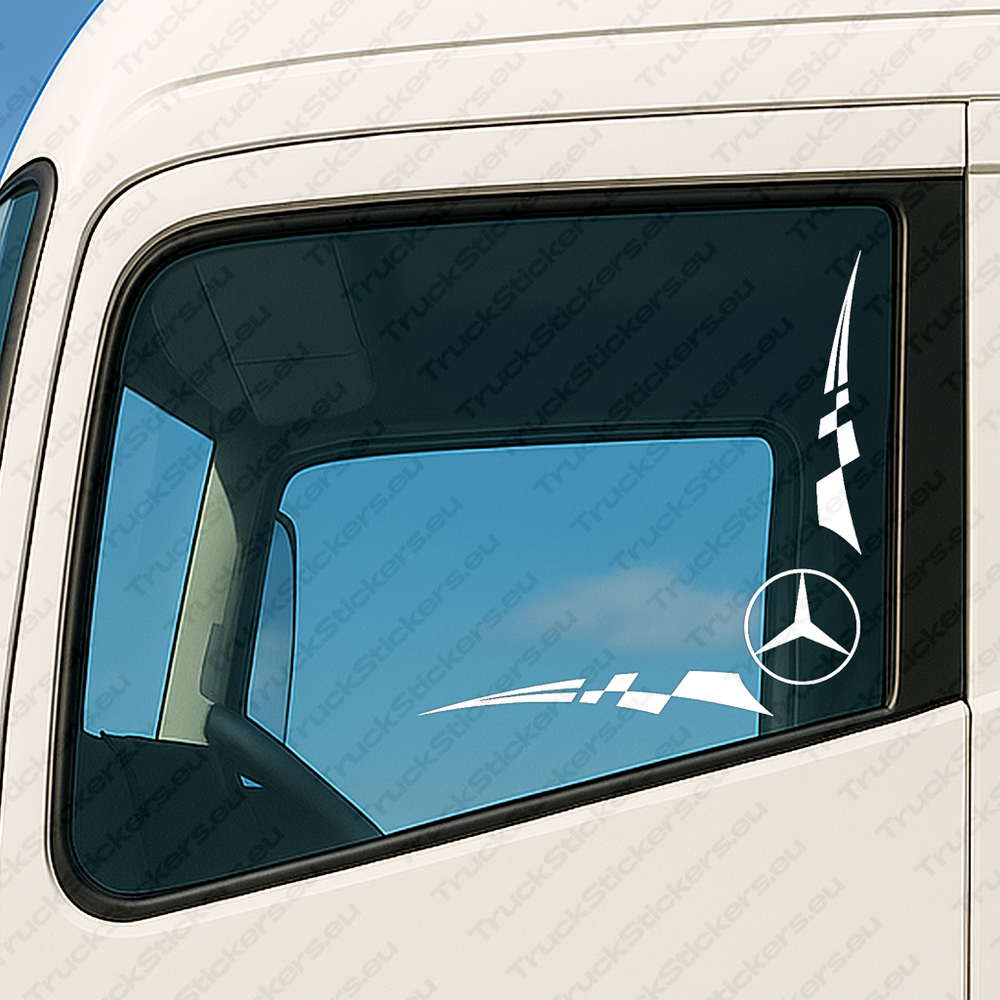 window-sticker-for-trucks-90742-white White Mercedes Truck Window Sticker, Classic Logo with Checkered Flag Graphics