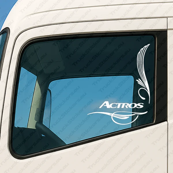 White Mercedes Truck Window Sticker Actros with Flourish Graphics