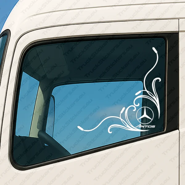 White Mercedes Truck Window Sticker, Antos with Classic Logo and Flourish Graphics