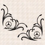 Closeup of Mercedes Truck Window Sticker, Atego with Classic Logo and Flourish Graphics