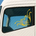 Yellow Mercedes Truck Window Sticker, Atego with Classic Logo and Flourish Graphics