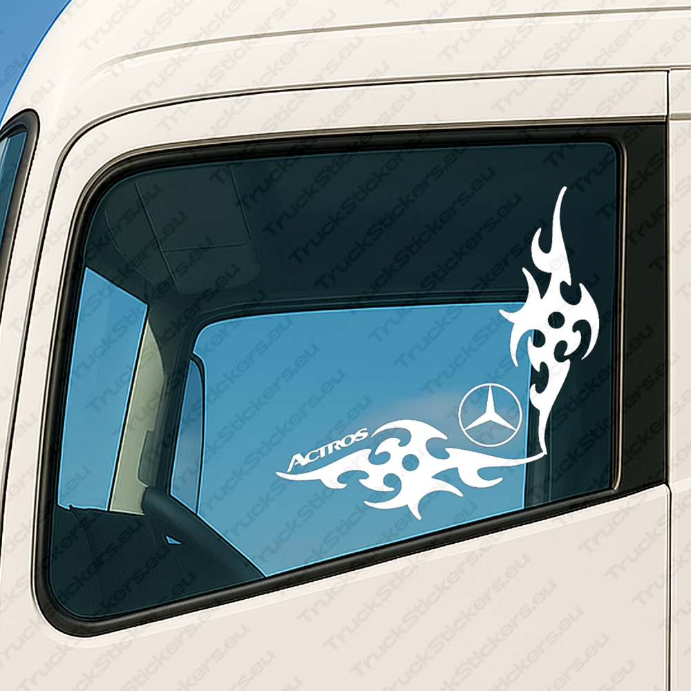 window-sticker-for-trucks-90753-white White Mercedes Truck Window Sticker, Actros with Classic Logo and Dynamic Wave Graphics