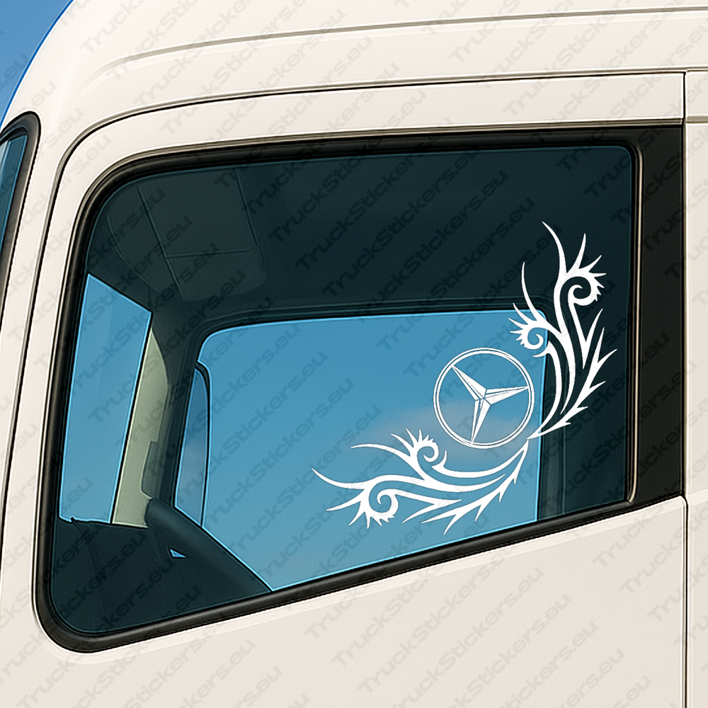 window-sticker-for-trucks-90754-white White Mercedes Truck Window Sticker, Big Classic Logo with Dynamic Wave Graphics
