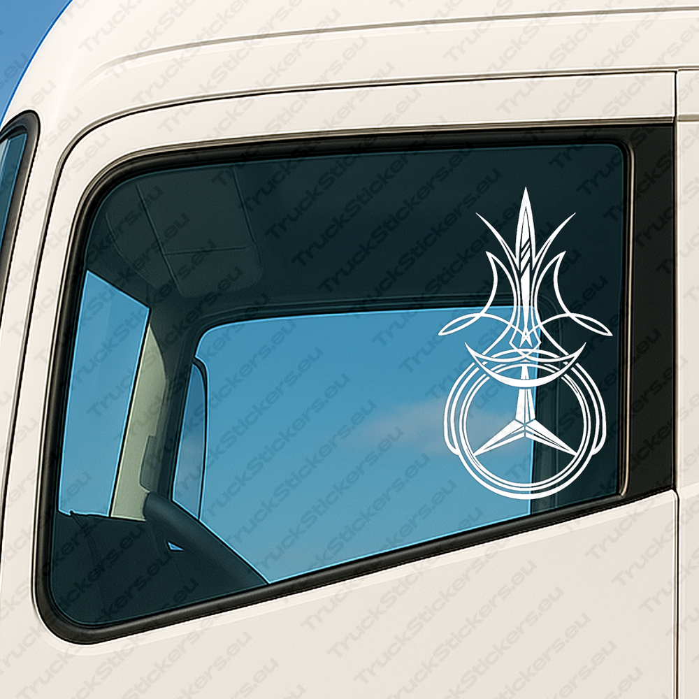 window-sticker-for-trucks-90786-white White Mercedes Truck Window Sticker, Classic Logo with Modern Geometric Pattern