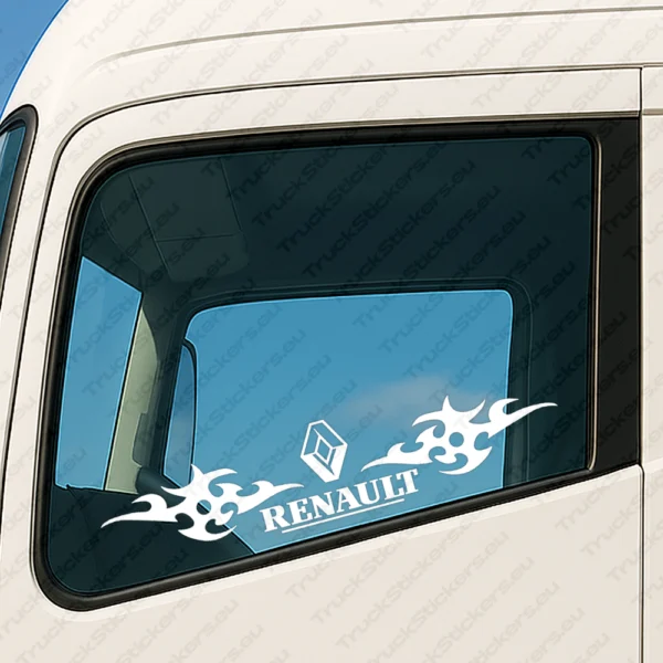 White Renault Truck Window Sticker, Big Classic Logo with Text and Dynamic Wave Graphics