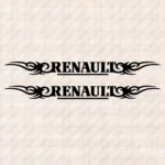 Closeup of Renault Truck Window Sticker, Bold Capital Text Logo with Tribal Graphics