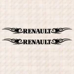 Closeup of Renault Truck Window Sticker, Bold Capital Text Logo with Tribal Graphics
