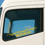 Yellow Renault Truck Window Sticker, Bold Capital Text Logo with Abstract Graphic on Top