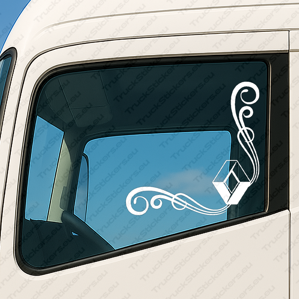 window-sticker-for-trucks-90811-white White Renault Truck Window Sticker, Classic Logo without Text with Flowing Swirl Pattern