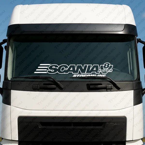 White Scania Truck Windshield Sticker, V8 Super Streamline with Text Logo Outline