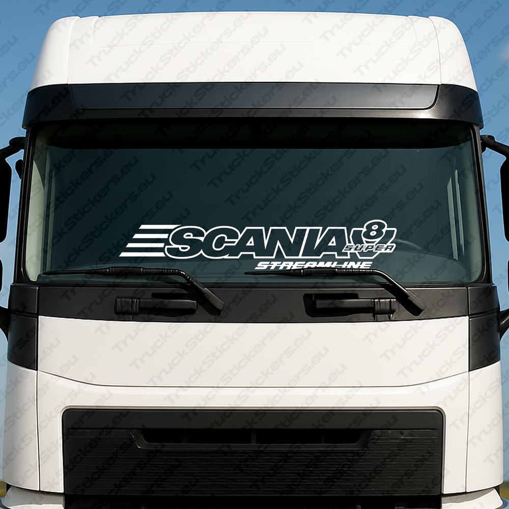 windshield-sticker-for-trucks-90115-1-white White Scania Truck Windshield Sticker, V8 Super Streamline with Text Logo Outline