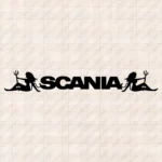 Closeup of Scania Truck Windshield Sticker, Bold Text Logo with Women Holding a Trident