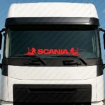 Red Scania Truck Windshield Sticker, Bold Text Logo with Women Holding a Trident