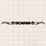 Closeup of Scania Truck Windshield Sticker, V8 with Bold Text Logo and Floursih Graphics