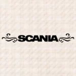 Closeup of Scania Truck Windshield Sticker, Bold Text Logo with Flourish Graphics