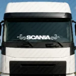 White Scania Truck Windshield Sticker, Bold Text Logo with Flourish Graphics
