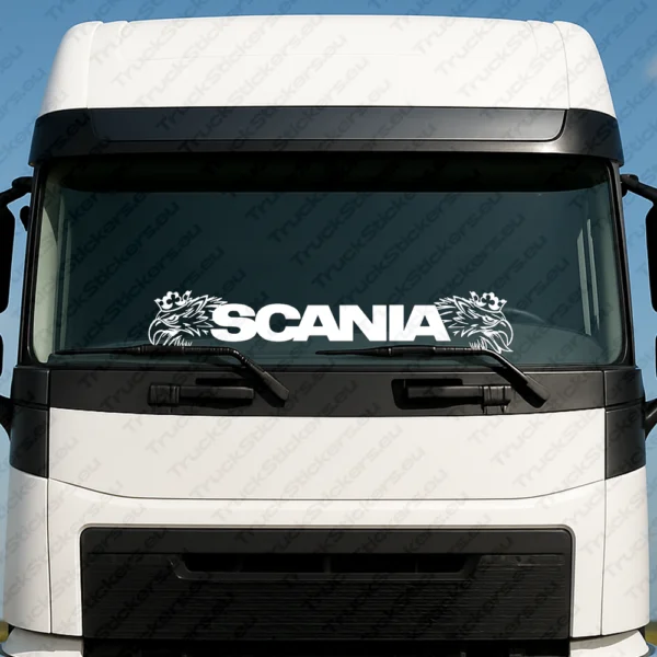 White Scania Truck Windshield Sticker, Bold Text Logo with Griffin Heads