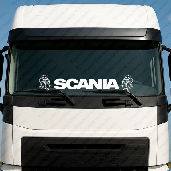 White Scania Truck Windshield Sticker, Bold Text Logo with Modern Griffins