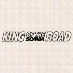 Closeup of Scania Truck Windshield Sticker, King of the Road Outline with Bold Text Logo