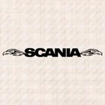 Closeup of Scania Truck Windshield Sticker, Bold Text Logo with Abstract Griffin Heads