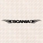 Closeup of Scania Truck Windshield Sticker, Bold Text Logo with Tribal Graphics