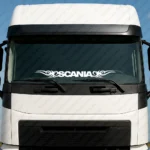 White Scania Truck Windshield Sticker, Bold Text Logo with Tribal Graphics