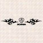 Closeup of Scania Truck Windshield Sticker, Badge with Griffin, Text Logo and Dynamic Wave Graphics