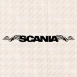 Closeup of Scania Truck Windshield Sticker, Bold Text Logo with Flourish Graphics