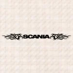 Closeup of Scania Truck Windshield Sticker, Text Logo with Tribal Graphics