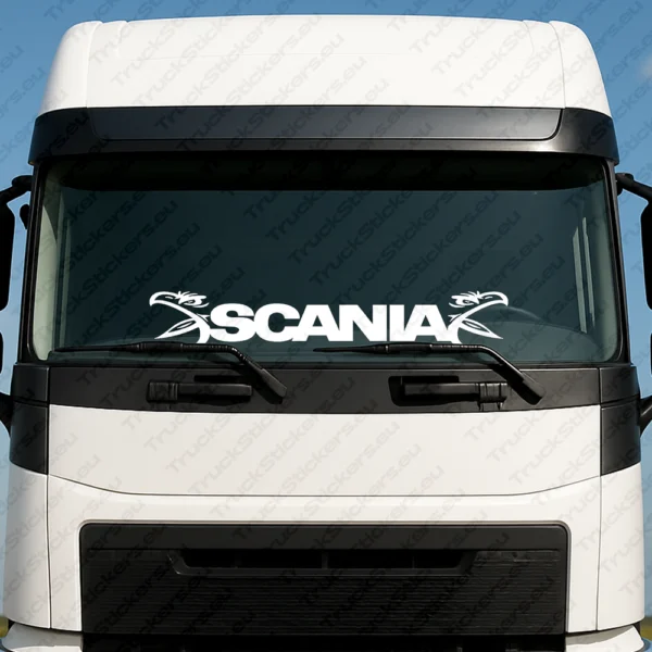 White Scania Truck Windshield Sticker, Bold Text Logo with Angry Griffins