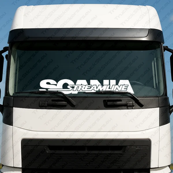 White Scania Truck Windshield Sticker, Big Text Logo with Streamline