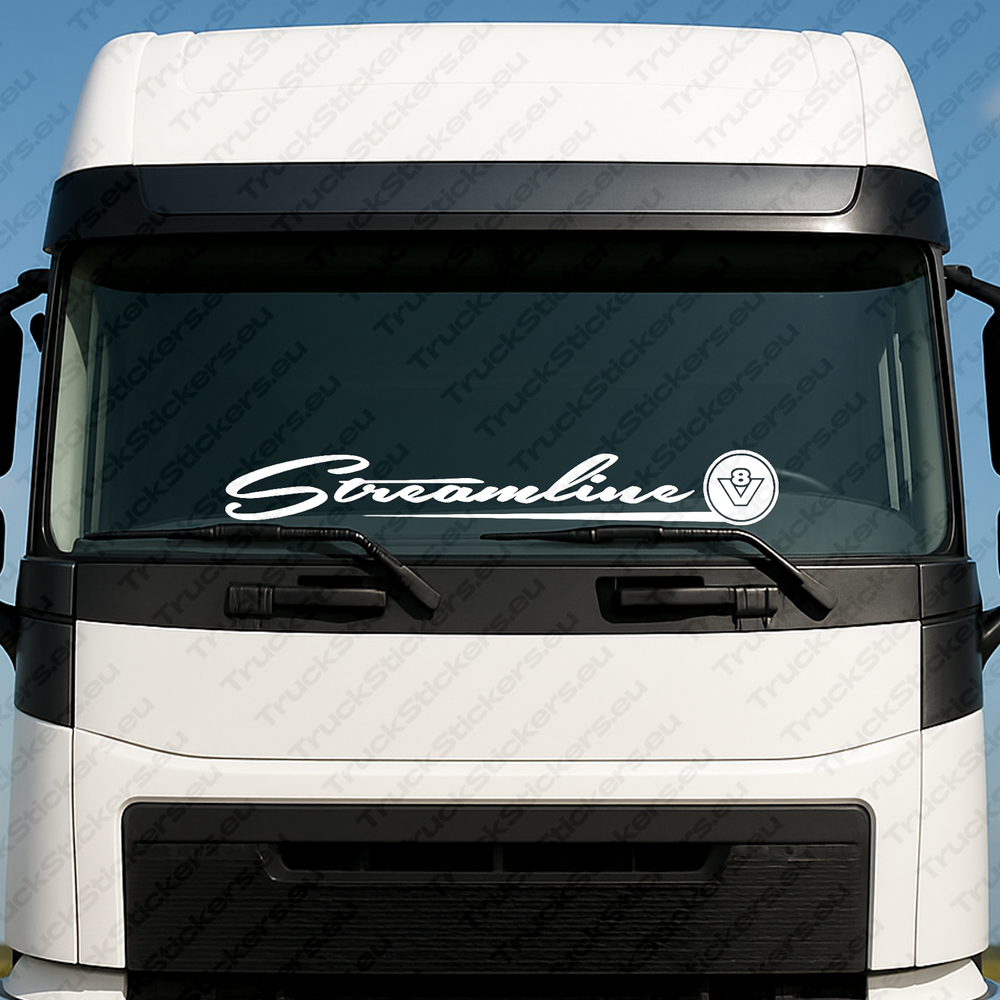 windshield-sticker-for-trucks-90259-1-white White Scania Truck Windshield Sticker, Streamline with V8 in Circle