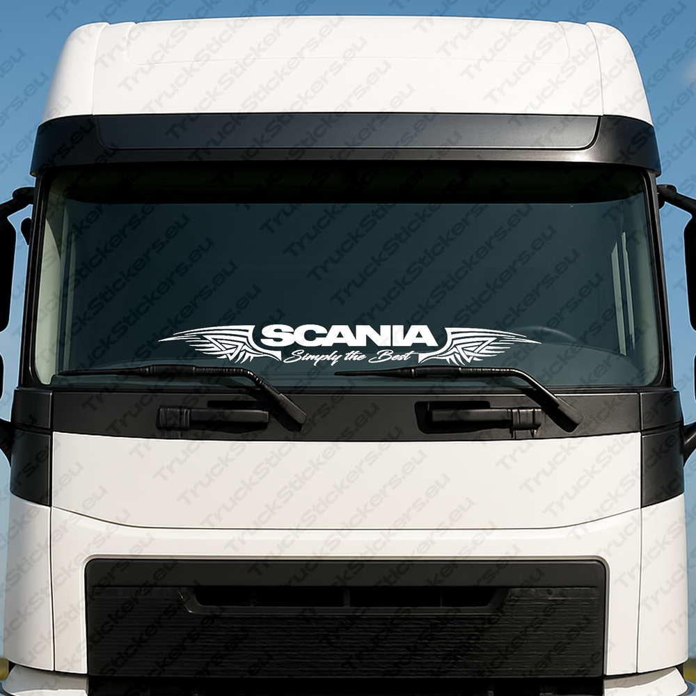 windshield-sticker-for-trucks-90274-1-white White Scania Truck Windshield Sticker, Simply the Best with Text Logo and Tribal Graphics