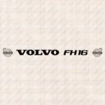 Closeup of Volvo Truck Windshield Sticker, FH16 with Text and Classic Logos